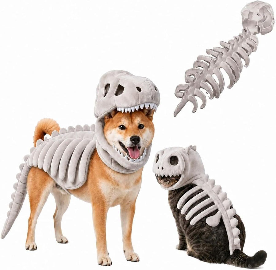 Dinosaur Skeleton Glow in Dark Dog and Cat Costume,Pet Dinosaur Costume,Plush Halloween Pet Hood Outfit - Gray - Size 47.2in