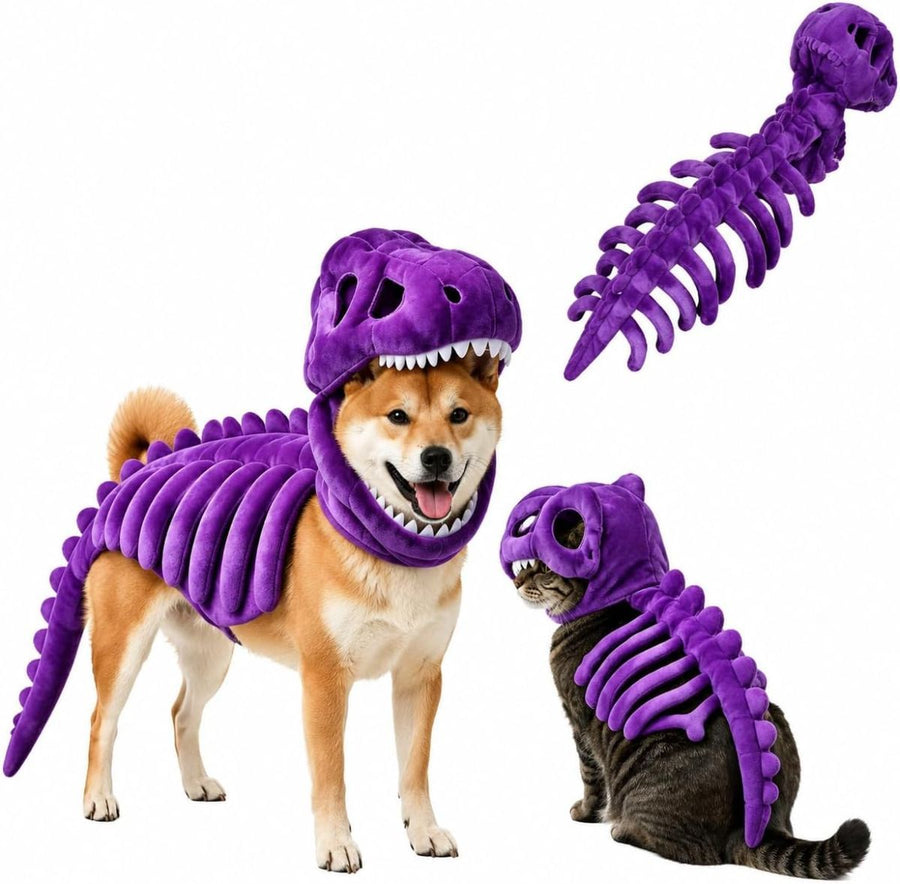 Dinosaur Skeleton Glow in Dark Dog and Cat Costume,Pet Dinosaur Costume,Plush Halloween Pet Hood Outfit - Purple - Size 47.2in