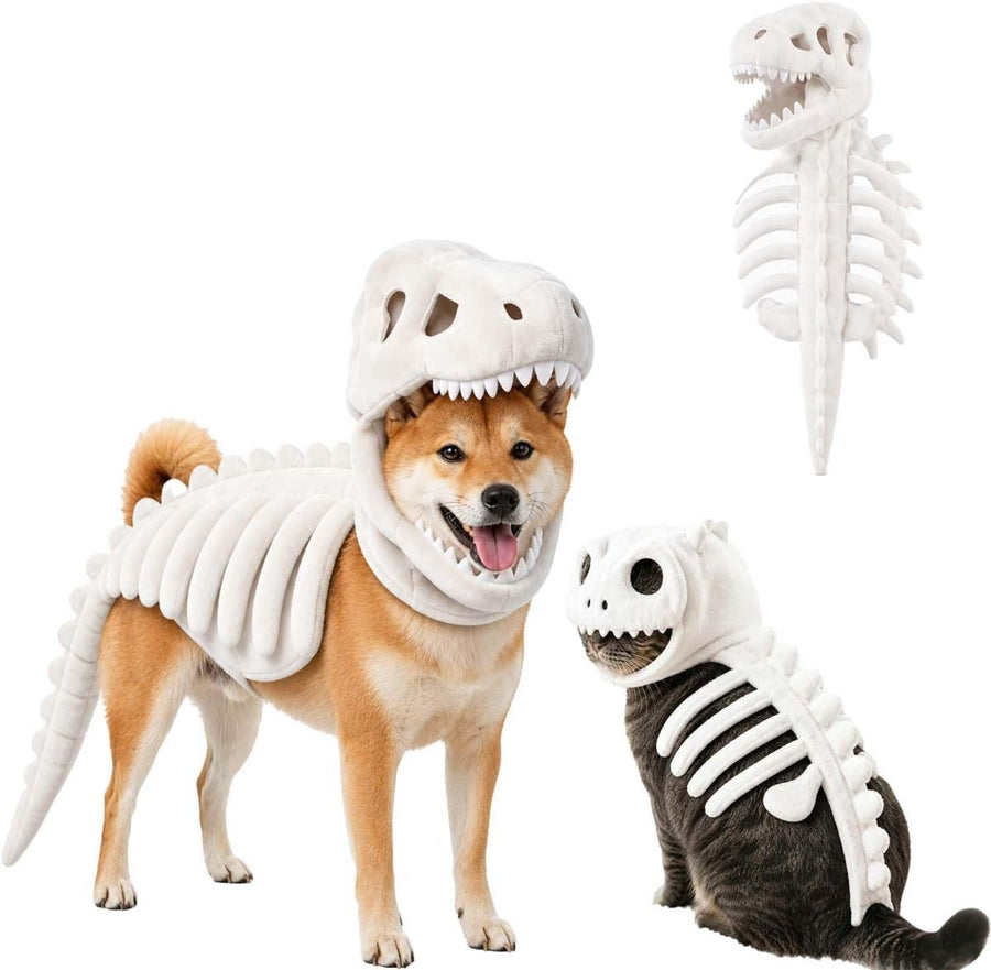 Dinosaur Skeleton Glow in Dark Dog and Cat Costume,Pet Dinosaur Costume,Plush Halloween Pet Hood Outfit - White - Size 35.4in