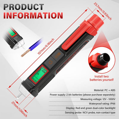Non Contact Voltage Tester Pen, 12V-1000V Dual Range AC Circuit Tool, IP66 Waterproof Electrical Wire Detector with LCD Display, Buzzer Alarm, LED Flashlight & Breakpoint Finder