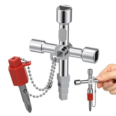 2Pcs 4-Way Universal Utility Key, Multifunctional Cross Key Wrench for Electrical Cabinet, Water Meter, Gas Valve & Elevator, Heavy Duty Pagoda Key with PH2/SL6 Bit & Hex Socket
