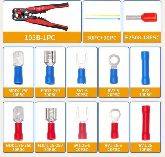 258pcs Crimp Terminal Kit with Quick Disconnect Terminals, Nylon Ties, and Wire Stripper