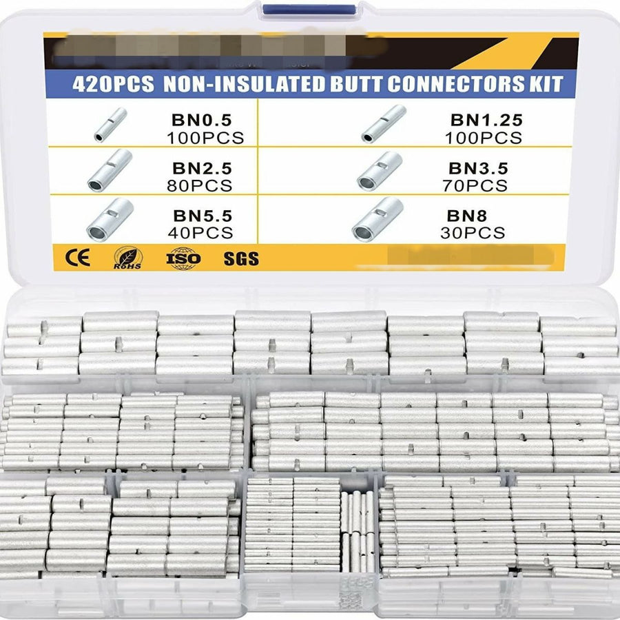420PCS Non-Insulated Butt Connectors Kit - 6 Sizes BN0.5 to BN8