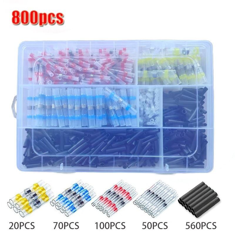 Solder Ring Wire Connectors Heat Shrink Butt Terminals Electrical Connector Kit - Multi - Size 800Pcs