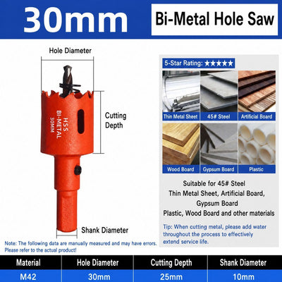 30mm Bi-Metal M42 High Speed Steel Hole Saw | with Pilot Drill Bit, Smooth Cutting Edge for PVC, Drywall, Wood, Plastic, Gypsum Board, Rubber, Thin Metal