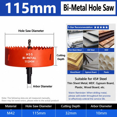 115mm Bi-Metal M42 High Speed Steel Hole Saw | with Pilot Drill Bit, Smooth Cutting Edge for PVC, Drywall, Wood, Plastic, Gypsum Board, Rubber, Thin Metal
