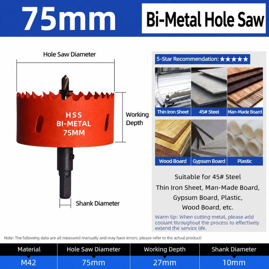 75mm Bi-Metal M42 High Speed Steel Hole Saw | with Pilot Drill Bit, Smooth Cutting Edge for PVC, Drywall, Wood, Plastic, Gypsum Board, Rubber, Thin Metal