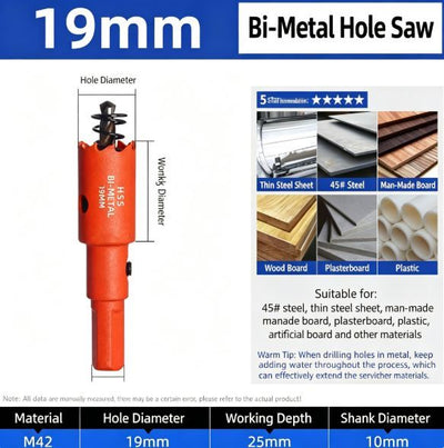 19mm Bi-Metal M42 High Speed Steel Hole Saw | with Pilot Drill Bit, Smooth Cutting Edge for PVC, Drywall, Wood, Plastic, Gypsum Board, Rubber, Thin Metal