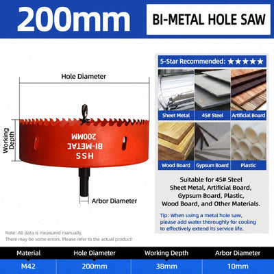 200mm Bi-Metal M42 High Speed Steel Hole Saw | with Pilot Drill Bit, Smooth Cutting Edge for PVC, Drywall, Wood, Plastic, Gypsum Board, Rubber, Thin Metal