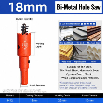 18mm Bi-Metal M42 High Speed Steel Hole Saw | with Pilot Drill Bit, Smooth Cutting Edge for PVC, Drywall, Wood, Plastic, Gypsum Board, Rubber, Thin Metal
