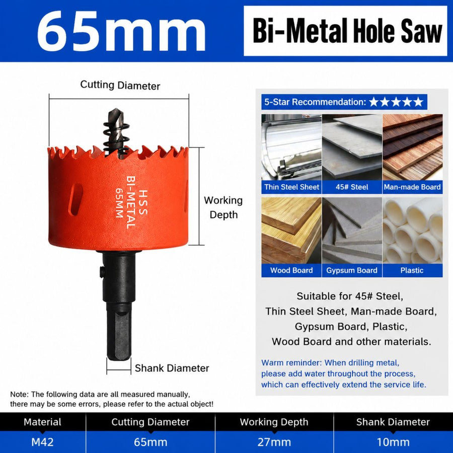 65mm Bi-Metal M42 High Speed Steel Hole Saw | with Pilot Drill Bit, Smooth Cutting Edge for PVC, Drywall, Wood, Plastic, Gypsum Board, Rubber, Thin Metal