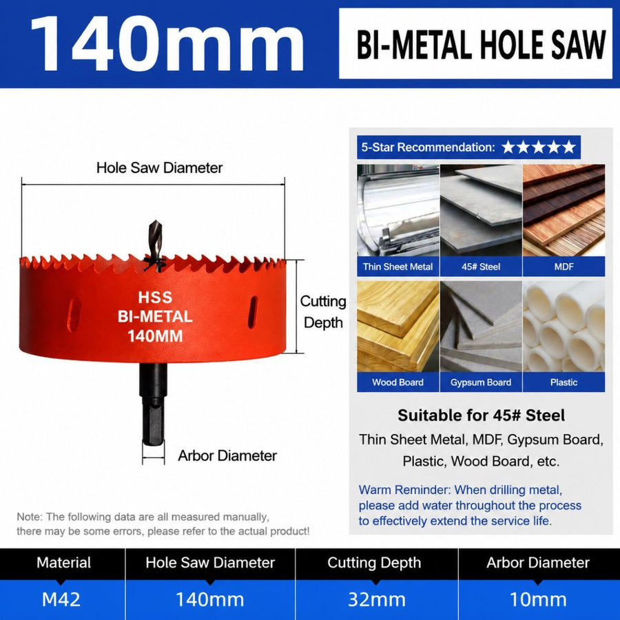 140mm Bi-Metal M42 High Speed Steel Hole Saw | with Pilot Drill Bit, Smooth Cutting Edge for PVC, Drywall, Wood, Plastic, Gypsum Board, Rubber, Thin Metal