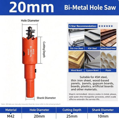 20mm Bi-Metal M42 High Speed Steel Hole Saw | with Pilot Drill Bit, Smooth Cutting Edge for PVC, Drywall, Wood, Plastic, Gypsum Board, Rubber, Thin Metal