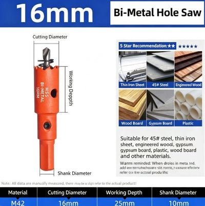 16mm Bi-Metal M42 High Speed Steel Hole Saw | with Pilot Drill Bit, Smooth Cutting Edge for PVC, Drywall, Wood, Plastic, Gypsum Board, Rubber, Thin Metal