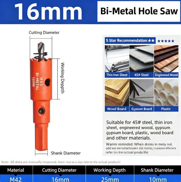 16mm Bi-Metal M42 High Speed Steel Hole Saw | with Pilot Drill Bit, Smooth Cutting Edge for PVC, Drywall, Wood, Plastic, Gypsum Board, Rubber, Thin Metal