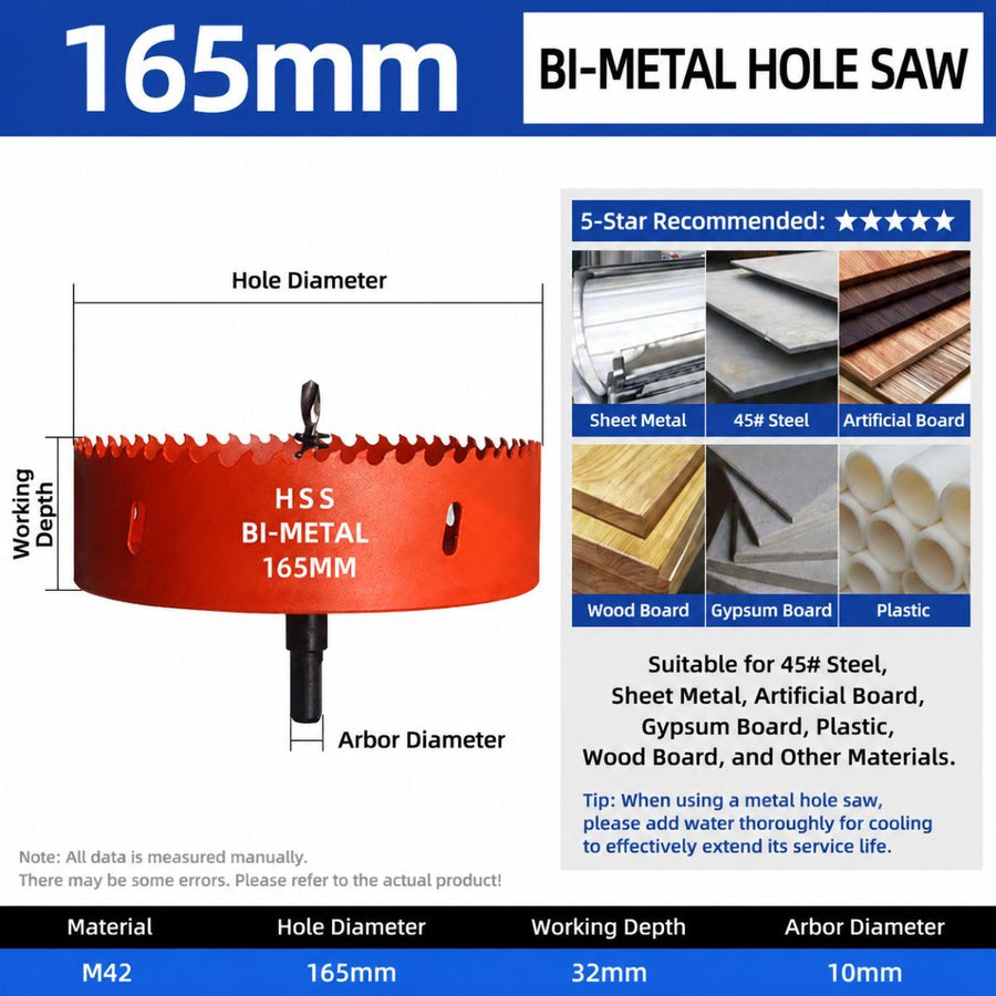 165mm Bi-Metal M42 High Speed Steel Hole Saw | with Pilot Drill Bit, Smooth Cutting Edge for PVC, Drywall, Wood, Plastic, Gypsum Board, Rubber, Thin Metal