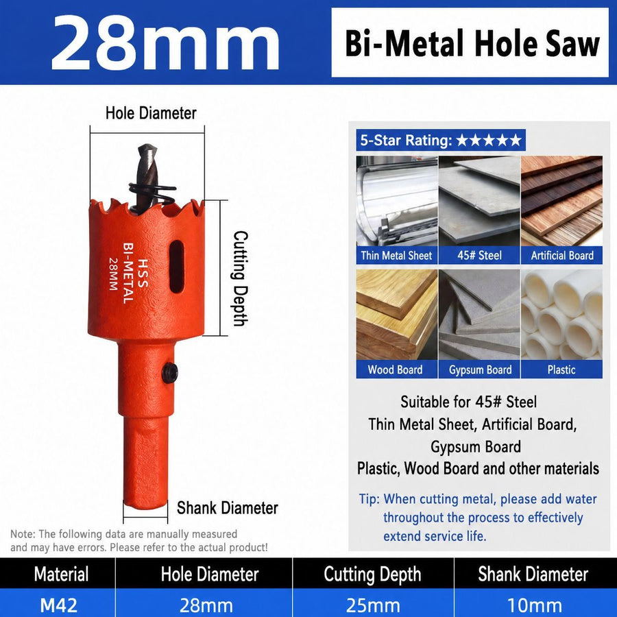 28mm Bi-Metal M42 High Speed Steel Hole Saw | with Pilot Drill Bit, Smooth Cutting Edge for PVC, Drywall, Wood, Plastic, Gypsum Board, Rubber, Thin Metal