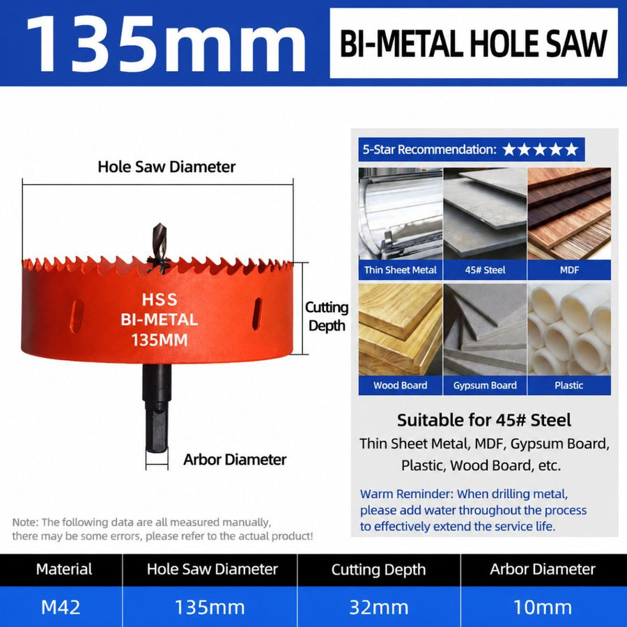 135mm Bi-Metal M42 High Speed Steel Hole Saw | with Pilot Drill Bit, Smooth Cutting Edge for PVC, Drywall, Wood, Plastic, Gypsum Board, Rubber, Thin Metal