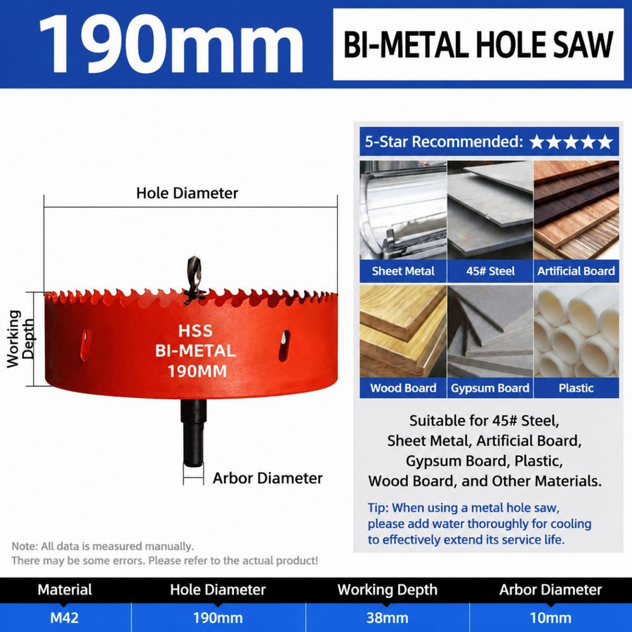 190mm Bi-Metal M42 High Speed Steel Hole Saw | with Pilot Drill Bit, Smooth Cutting Edge for PVC, Drywall, Wood, Plastic, Gypsum Board, Rubber, Thin Metal