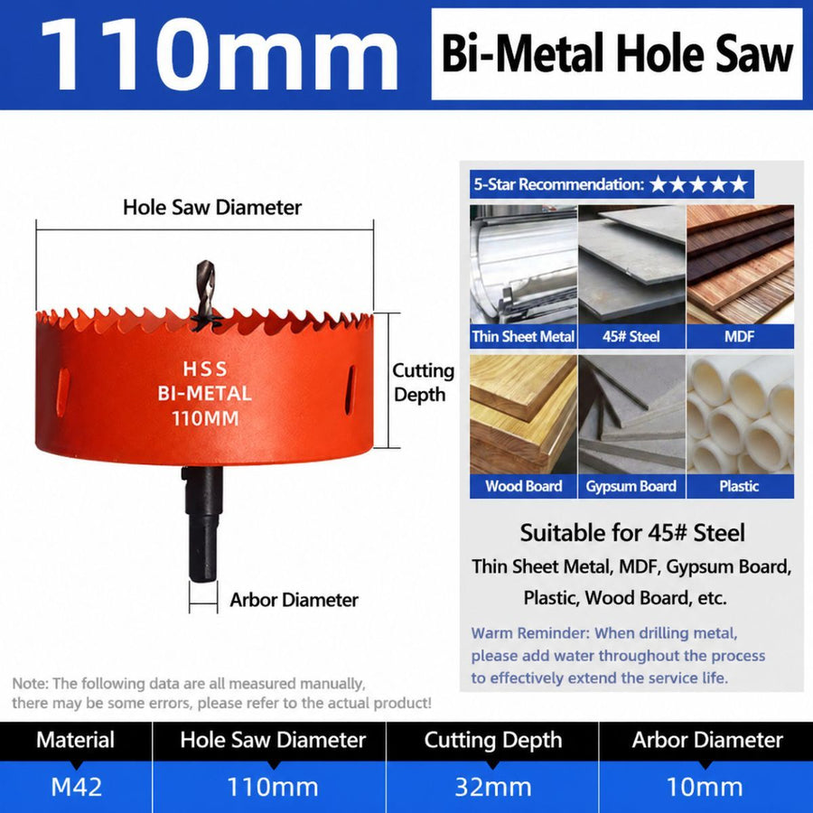 110mm Bi-Metal M42 High Speed Steel Hole Saw | with Pilot Drill Bit, Smooth Cutting Edge for PVC, Drywall, Wood, Plastic, Gypsum Board, Rubber, Thin Metal