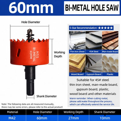 60mm Bi-Metal M42 High Speed Steel Hole Saw | with Pilot Drill Bit, Smooth Cutting Edge for PVC, Drywall, Wood, Plastic, Gypsum Board, Rubber, Thin Metal