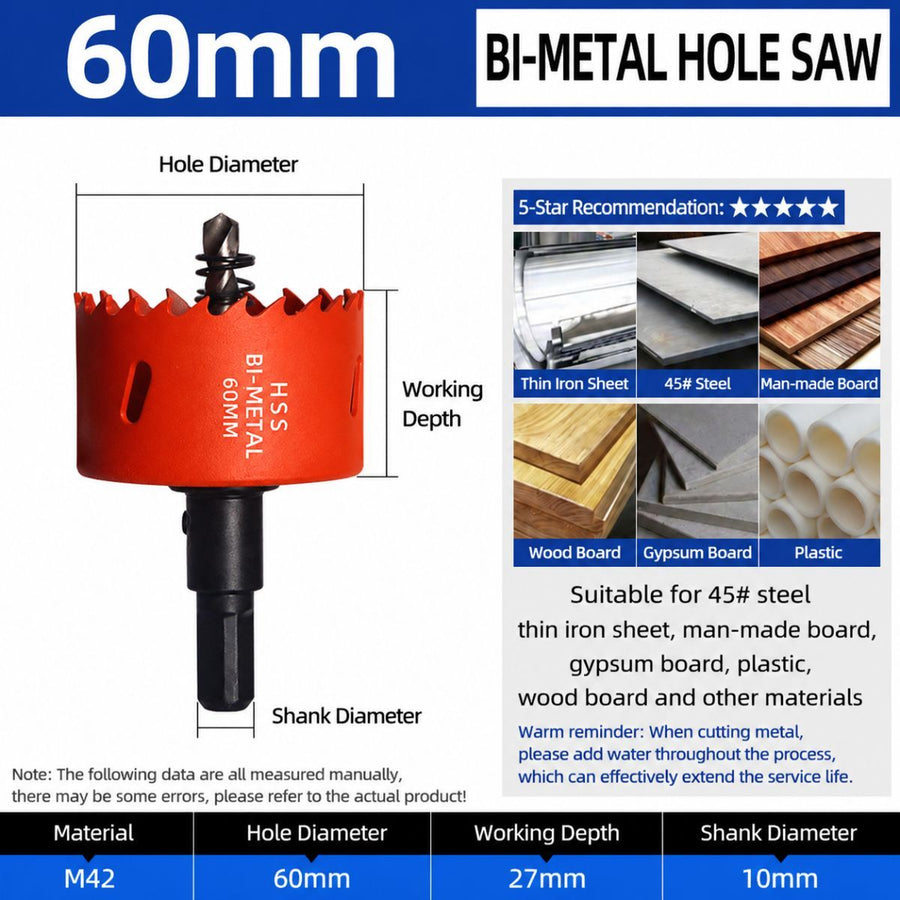 60mm Bi-Metal M42 High Speed Steel Hole Saw | with Pilot Drill Bit, Smooth Cutting Edge for PVC, Drywall, Wood, Plastic, Gypsum Board, Rubber, Thin Metal