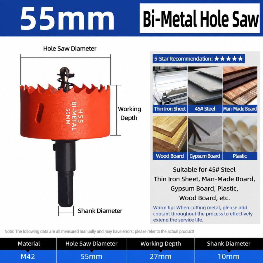 55mm Bi-Metal M42 High Speed Steel Hole Saw | with Pilot Drill Bit, Smooth Cutting Edge for PVC, Drywall, Wood, Plastic, Gypsum Board, Rubber, Thin Metal