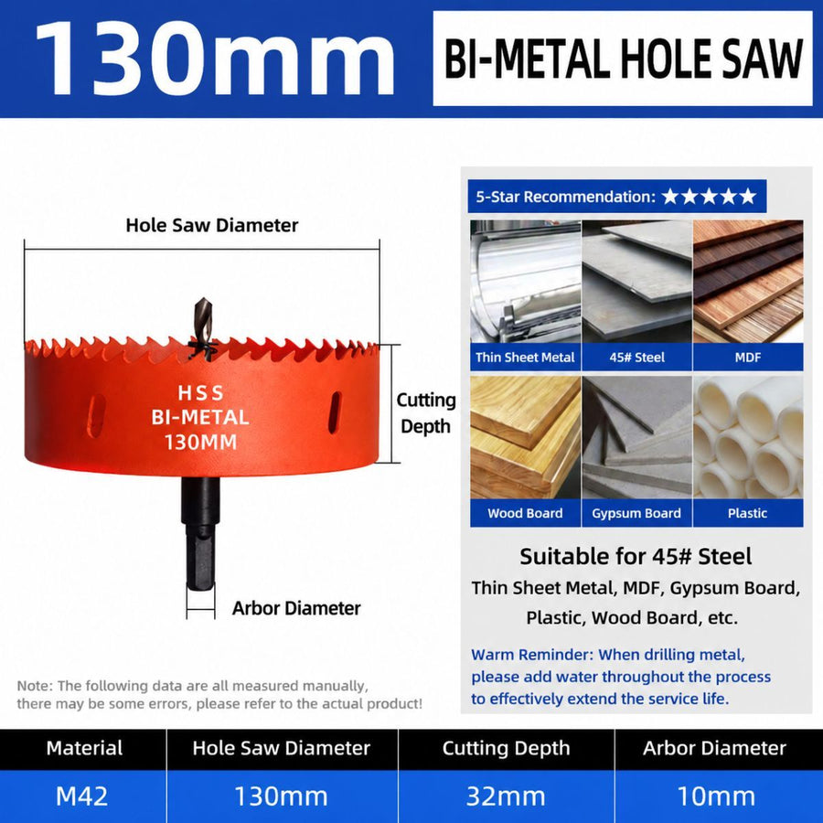 130mm Bi-Metal M42 High Speed Steel Hole Saw | with Pilot Drill Bit, Smooth Cutting Edge for PVC, Drywall, Wood, Plastic, Gypsum Board, Rubber, Thin Metal