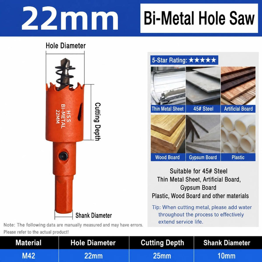 22mm Bi-Metal M42 High Speed Steel Hole Saw | with Pilot Drill Bit, Smooth Cutting Edge for PVC, Drywall, Wood, Plastic, Gypsum Board, Rubber, Thin Metal