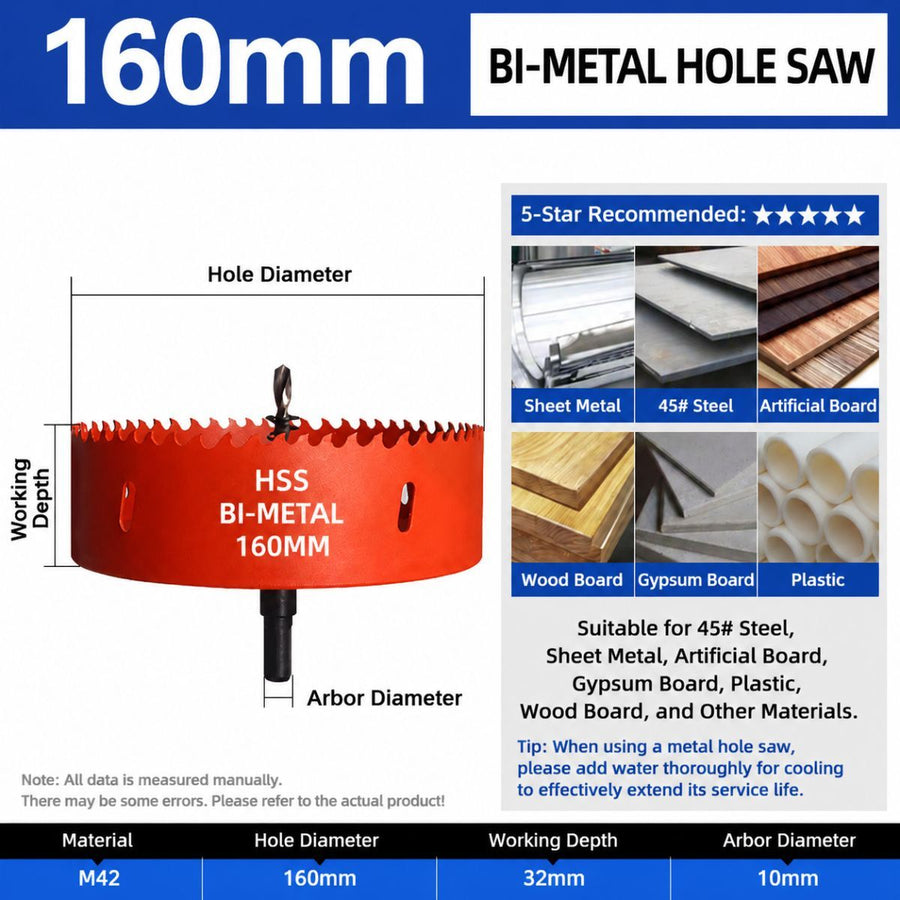 160mm Bi-Metal M42 High Speed Steel Hole Saw | with Pilot Drill Bit, Smooth Cutting Edge for PVC, Drywall, Wood, Plastic, Gypsum Board, Rubber, Thin Metal