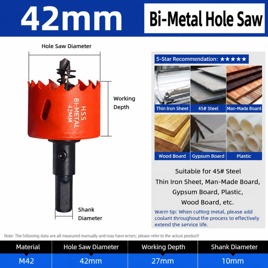 42mm Bi-Metal M42 High Speed Steel Hole Saw | with Pilot Drill Bit, Smooth Cutting Edge for PVC, Drywall, Wood, Plastic, Gypsum Board, Rubber, Thin Metal