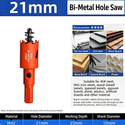 21mm Bi-Metal M42 High Speed Steel Hole Saw | with Pilot Drill Bit, Smooth Cutting Edge for PVC, Drywall, Wood, Plastic, Gypsum Board, Rubber, Thin Metal