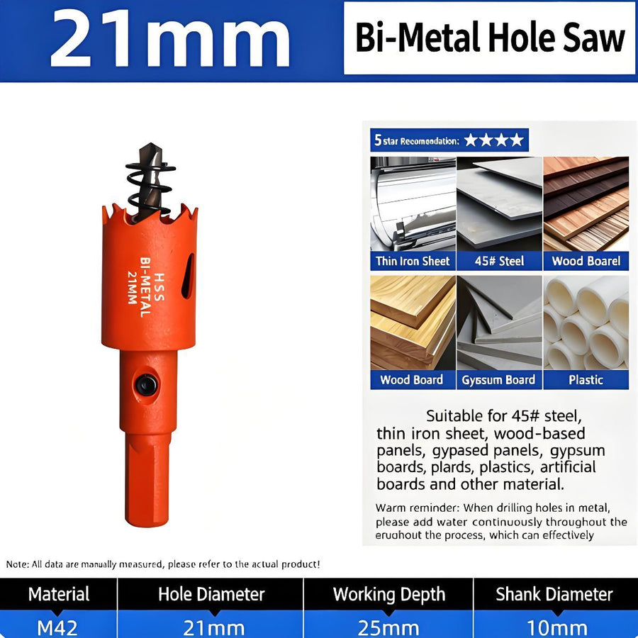 21mm Bi-Metal M42 High Speed Steel Hole Saw | with Pilot Drill Bit, Smooth Cutting Edge for PVC, Drywall, Wood, Plastic, Gypsum Board, Rubber, Thin Metal