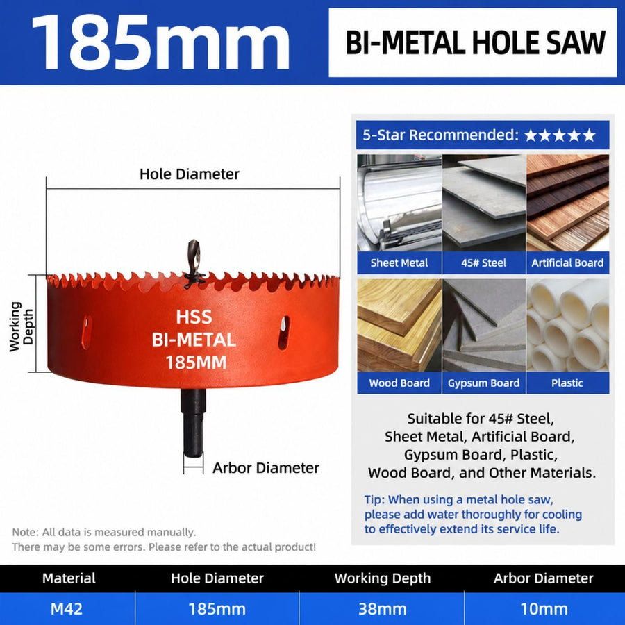 185mm Bi-Metal M42 High Speed Steel Hole Saw | with Pilot Drill Bit, Smooth Cutting Edge for PVC, Drywall, Wood, Plastic, Gypsum Board, Rubber, Thin Metal