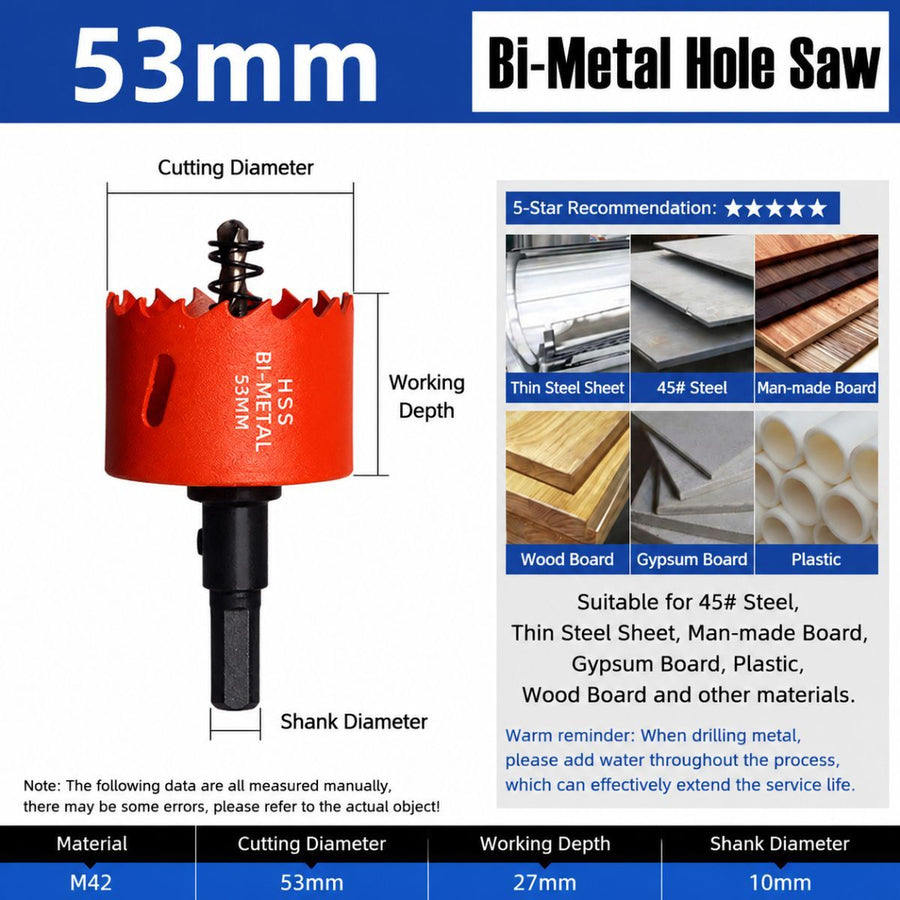 53mm Bi-Metal M42 High Speed Steel Hole Saw | with Pilot Drill Bit, Smooth Cutting Edge for PVC, Drywall, Wood, Plastic, Gypsum Board, Rubber, Thin Metal