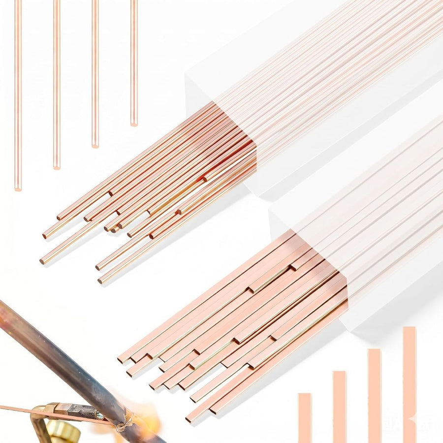 40Pcs 15% Silver Brazing Rods, Silver Solder Phos Copper Brazing Alloys Flat and Round Welding Rods for Air Conditioning Refrigerator Cold Storage HVAC Units (BCuP-2 20Pcs, BCuP-5 20Pcs)