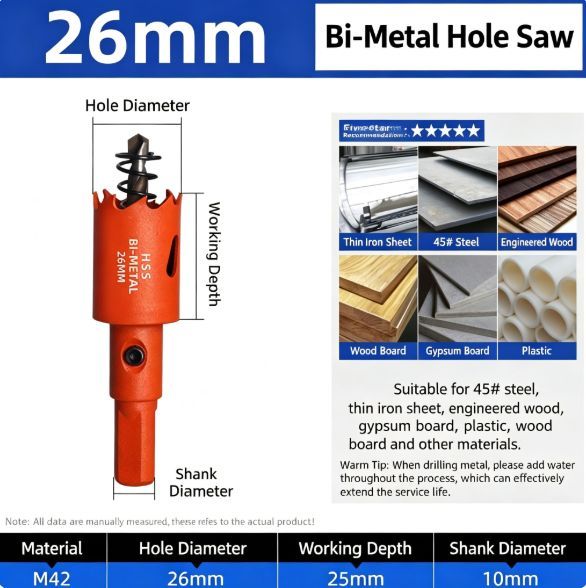 26mm Bi-Metal M42 High Speed Steel Hole Saw | with Pilot Drill Bit, Smooth Cutting Edge for PVC, Drywall, Wood, Plastic, Gypsum Board, Rubber, Thin Metal