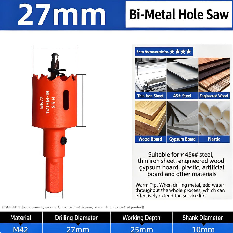 27mm Bi-Metal M42 High Speed Steel Hole Saw | with Pilot Drill Bit, Smooth Cutting Edge for PVC, Drywall, Wood, Plastic, Gypsum Board, Rubber, Thin Metal