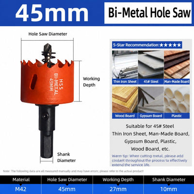 45mm Bi-Metal M42 High Speed Steel Hole Saw | with Pilot Drill Bit, Smooth Cutting Edge for PVC, Drywall, Wood, Plastic, Gypsum Board, Rubber, Thin Metal