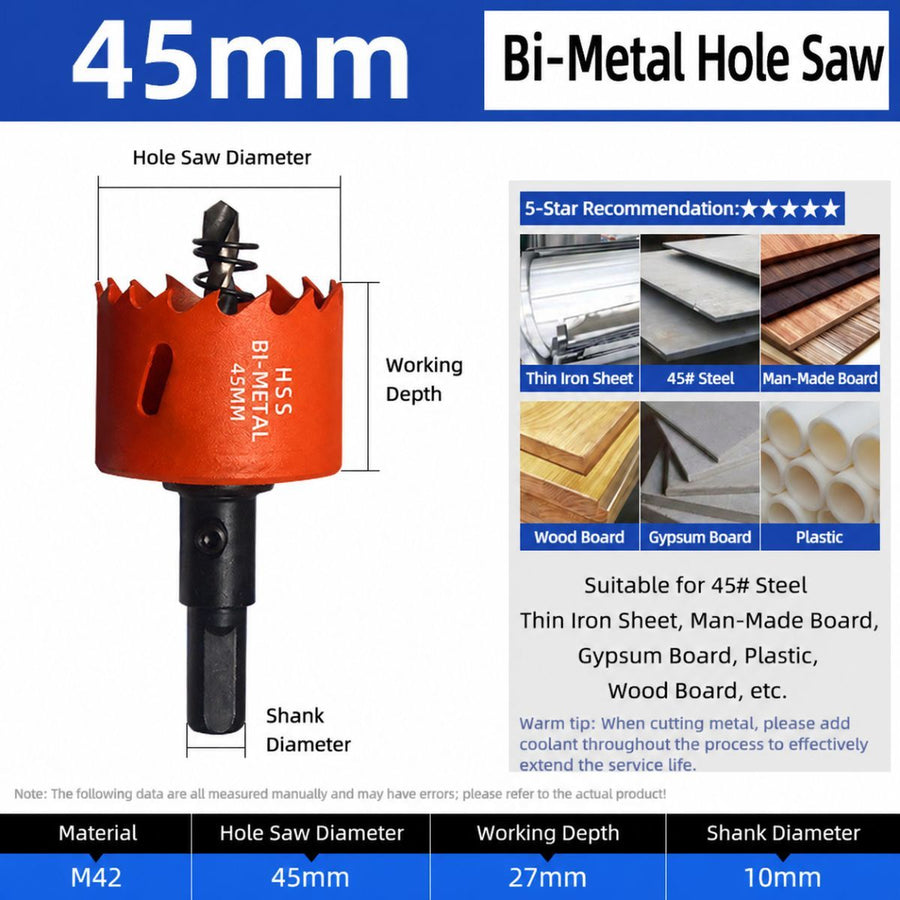 45mm Bi-Metal M42 High Speed Steel Hole Saw | with Pilot Drill Bit, Smooth Cutting Edge for PVC, Drywall, Wood, Plastic, Gypsum Board, Rubber, Thin Metal