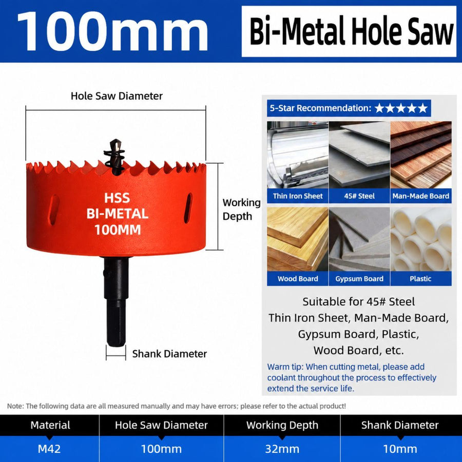 100mm Bi-Metal M42 High Speed Steel Hole Saw | with Pilot Drill Bit, Smooth Cutting Edge for PVC, Drywall, Wood, Plastic, Gypsum Board, Rubber, Thin Metal
