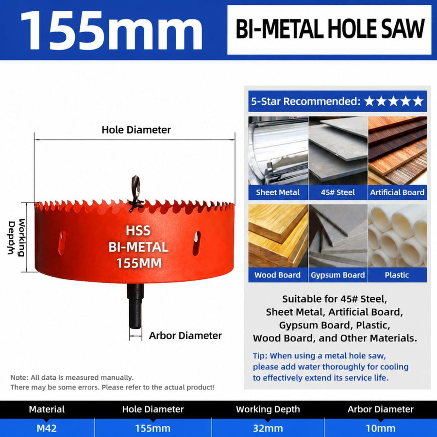155mm Bi-Metal M42 High Speed Steel Hole Saw | with Pilot Drill Bit, Smooth Cutting Edge for PVC, Drywall, Wood, Plastic, Gypsum Board, Rubber, Thin Metal