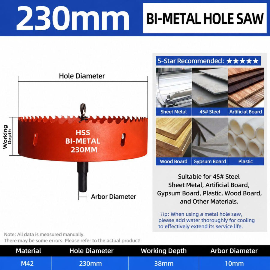 230mm Bi-Metal M42 High Speed Steel Hole Saw | with Pilot Drill Bit, Smooth Cutting Edge for PVC, Drywall, Wood, Plastic, Gypsum Board, Rubber, Thin Metal