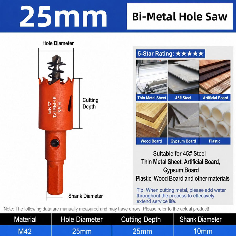 25mm Bi-Metal M42 High Speed Steel Hole Saw | with Pilot Drill Bit, Smooth Cutting Edge for PVC, Drywall, Wood, Plastic, Gypsum Board, Rubber, Thin Metal
