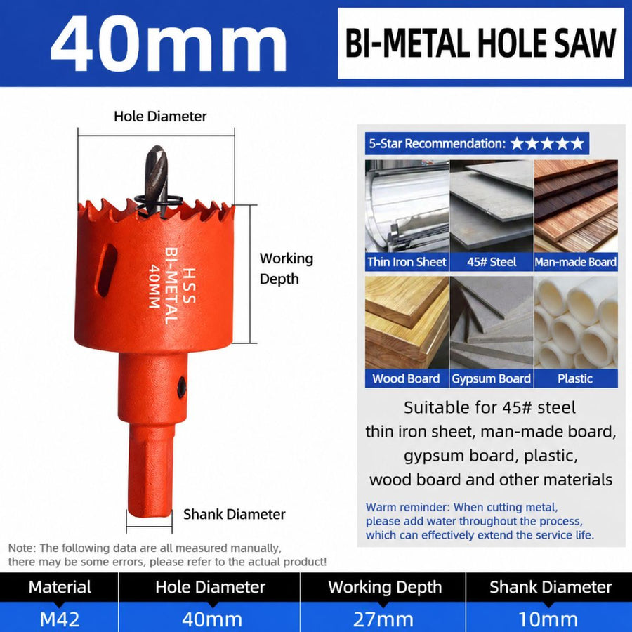 40mm Bi-Metal M42 High Speed Steel Hole Saw | with Pilot Drill Bit, Smooth Cutting Edge for PVC, Drywall, Wood, Plastic, Gypsum Board, Rubber, Thin Metal