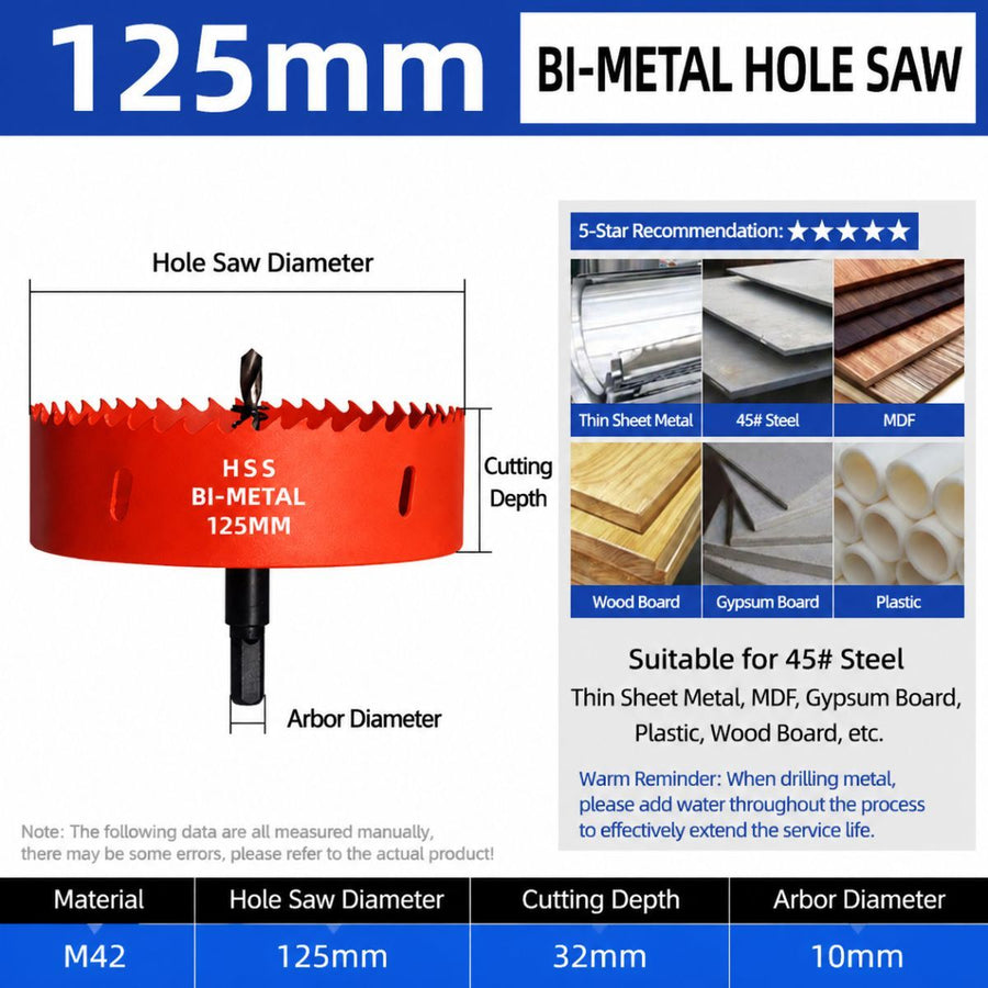 125mm Bi-Metal M42 High Speed Steel Hole Saw | with Pilot Drill Bit, Smooth Cutting Edge for PVC, Drywall, Wood, Plastic, Gypsum Board, Rubber, Thin Metal