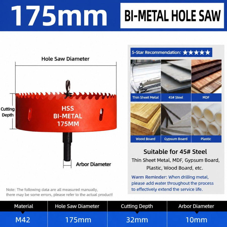 175mm Bi-Metal M42 High Speed Steel Hole Saw | with Pilot Drill Bit, Smooth Cutting Edge for PVC, Drywall, Wood, Plastic, Gypsum Board, Rubber, Thin Metal
