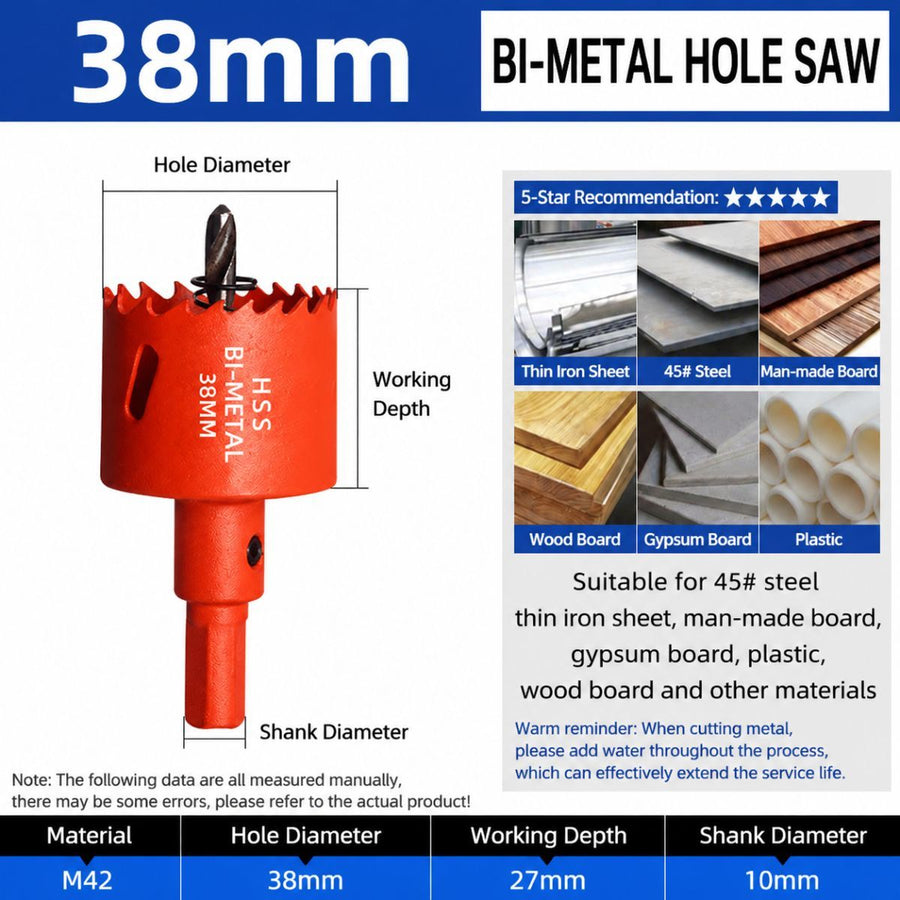 38mm Bi-Metal M42 High Speed Steel Hole Saw | with Pilot Drill Bit, Smooth Cutting Edge for PVC, Drywall, Wood, Plastic, Gypsum Board, Rubber, Thin Metal