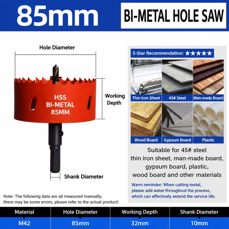 85mm Bi-Metal M42 High Speed Steel Hole Saw | with Pilot Drill Bit, Smooth Cutting Edge for PVC, Drywall, Wood, Plastic, Gypsum Board, Rubber, Thin Metal