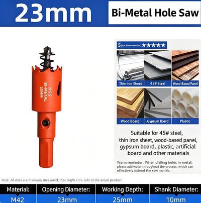 23mm Bi-Metal M42 High Speed Steel Hole Saw | with Pilot Drill Bit, Smooth Cutting Edge for PVC, Drywall, Wood, Plastic, Gypsum Board, Rubber, Thin Metal